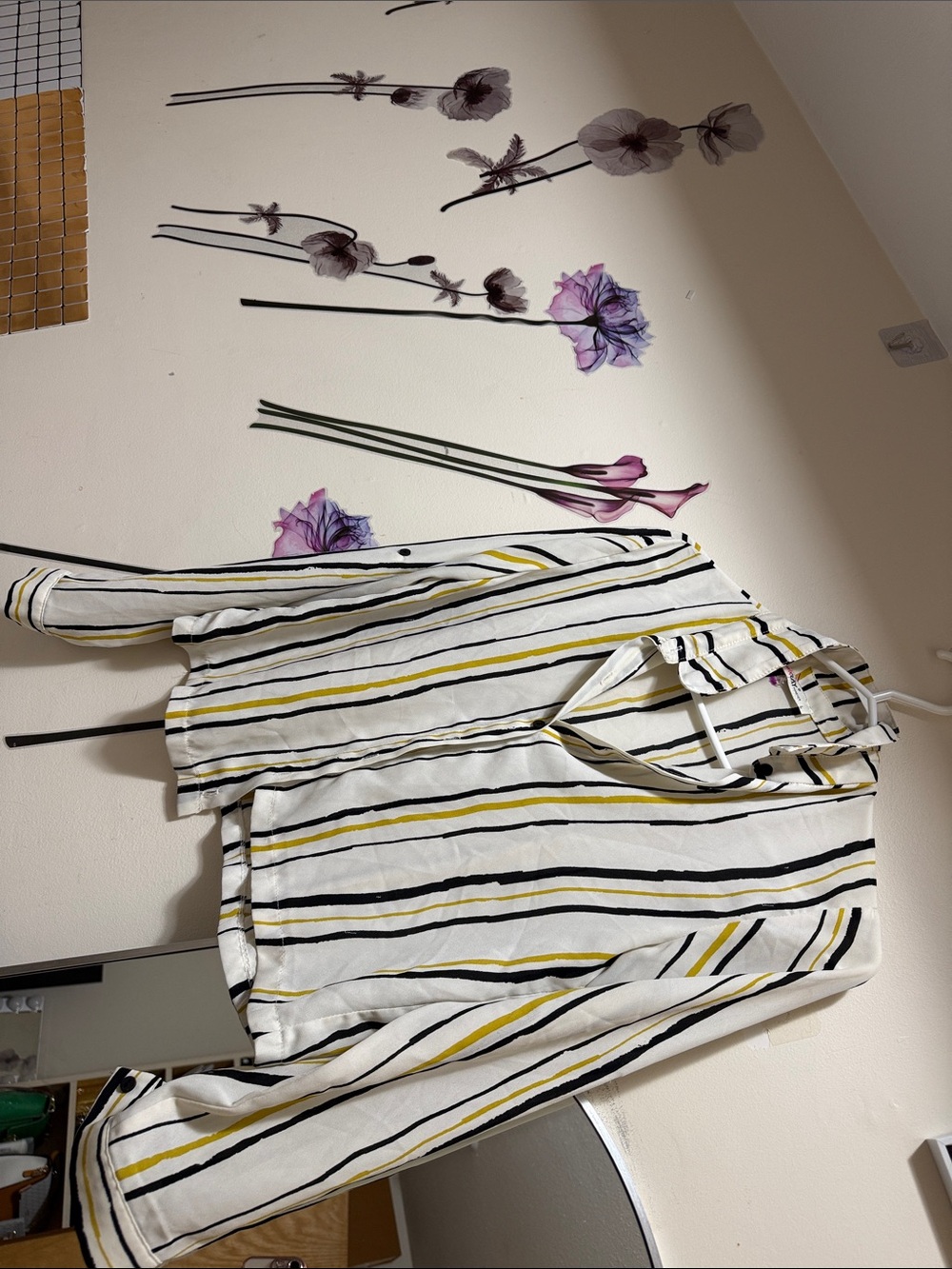 Women’s Striped Button-Down Shirt in White with Black & Yellow Stripes